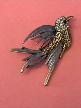 Purple Feathered Enamel Rose Gold Tone Bird Brooch